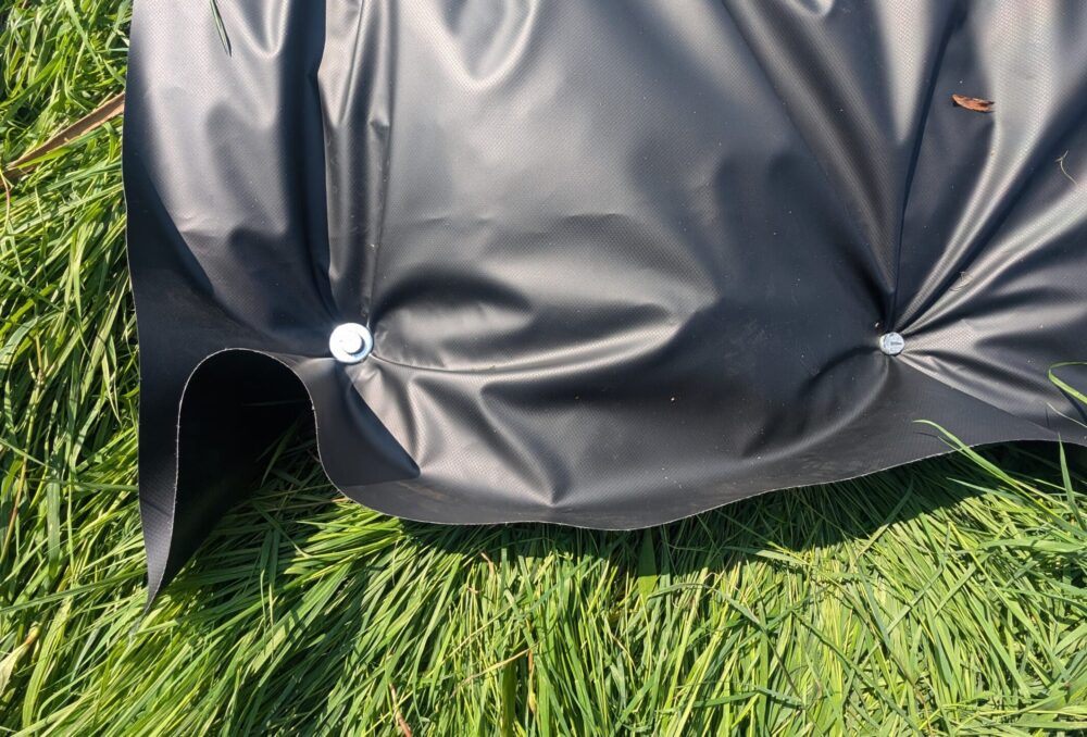 Benthic barrier is nailed directly into the ground with metal stakes. Both the stakes and the sheeting are reusable many times over. 