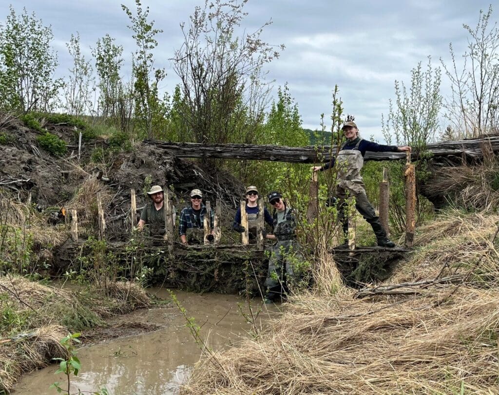 DUC field crew stands with newly constructed Beaver Dam Analogue