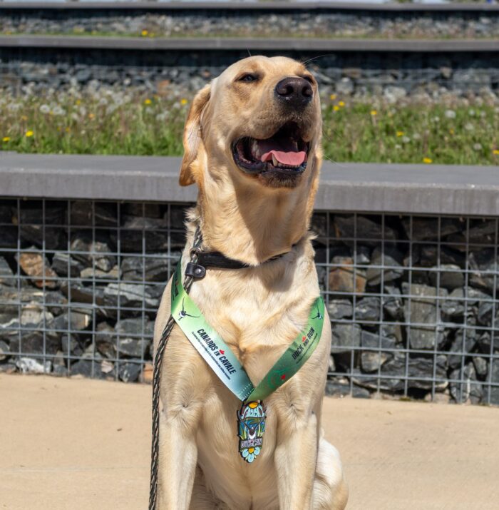 Rip proudly displays his Duck and Run medal at the event in Brandon, Man.