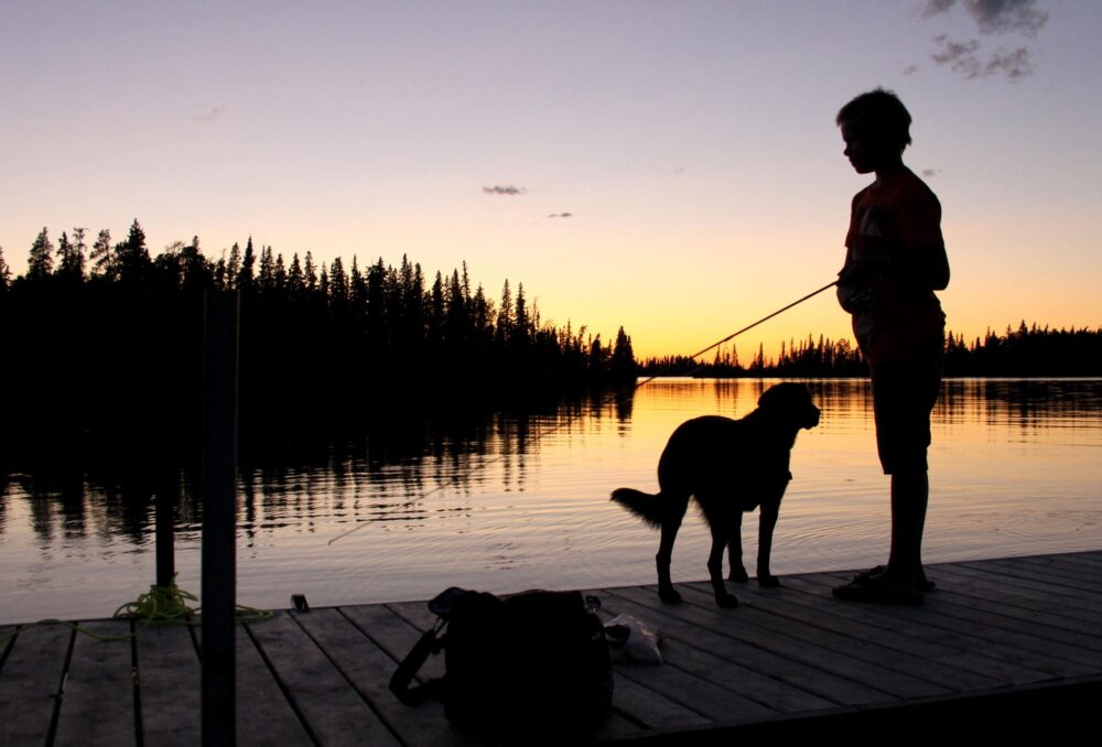  A boy and his dog fishing at sunset.