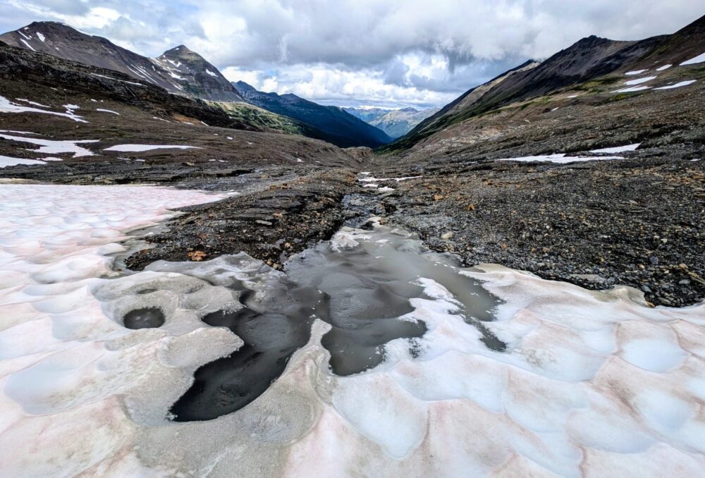 At the end of this unnamed glacier in the Slamgeesh Range in northern B.C., the ice melts away, following channels from the alpine into streams and rivers below, before reaching the Pacific Ocean via the Skeena River.